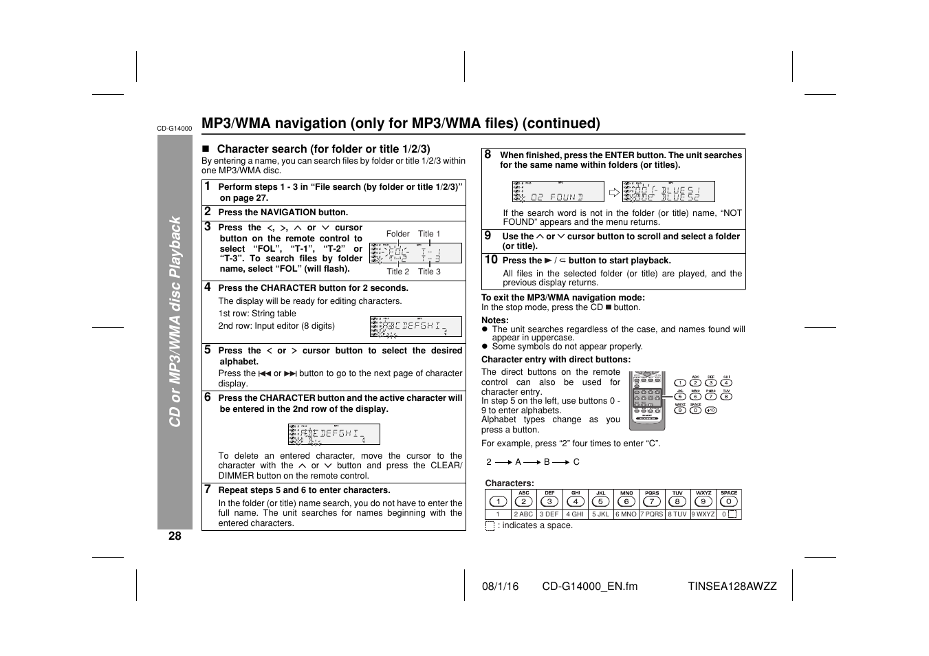 Cd or mp3/wma disc playback | Sharp CD G14000 User Manual | Page 28 / 48