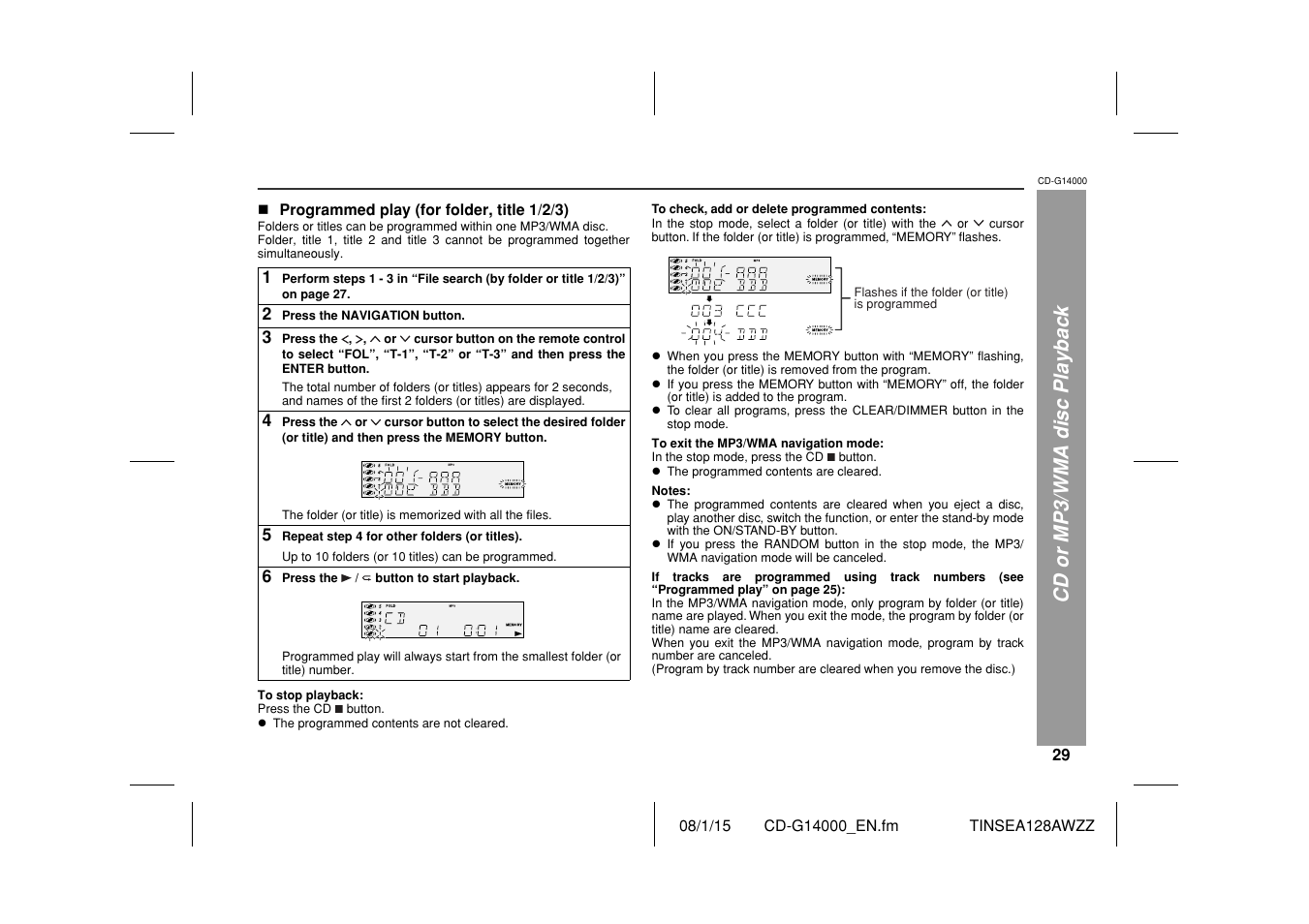 Cd or mp3/wma disc playback | Sharp CD G14000 User Manual | Page 29 / 48