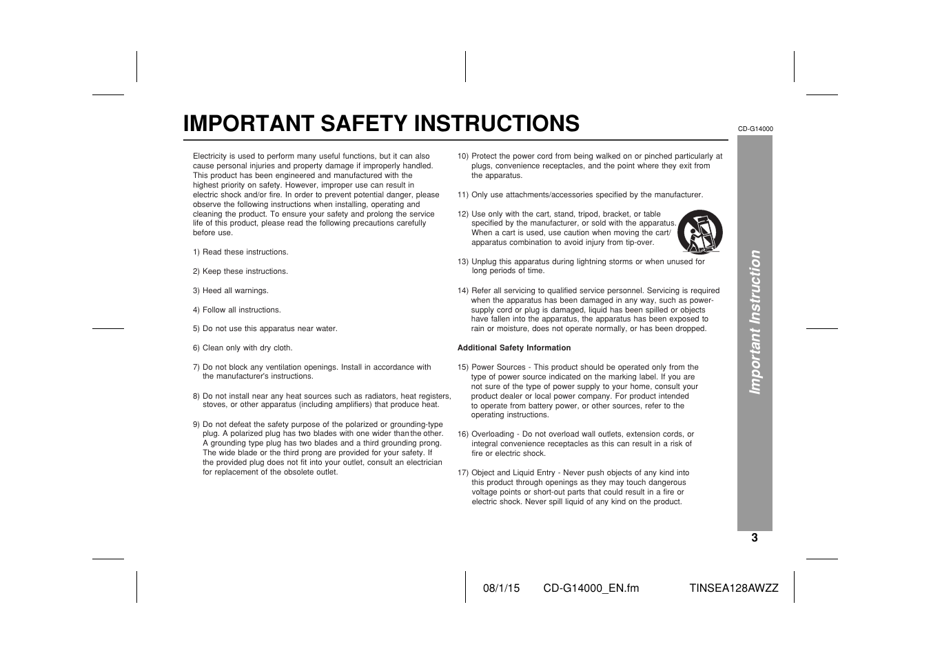 Important safety instructions, Important instruction | Sharp CD G14000 User Manual | Page 3 / 48