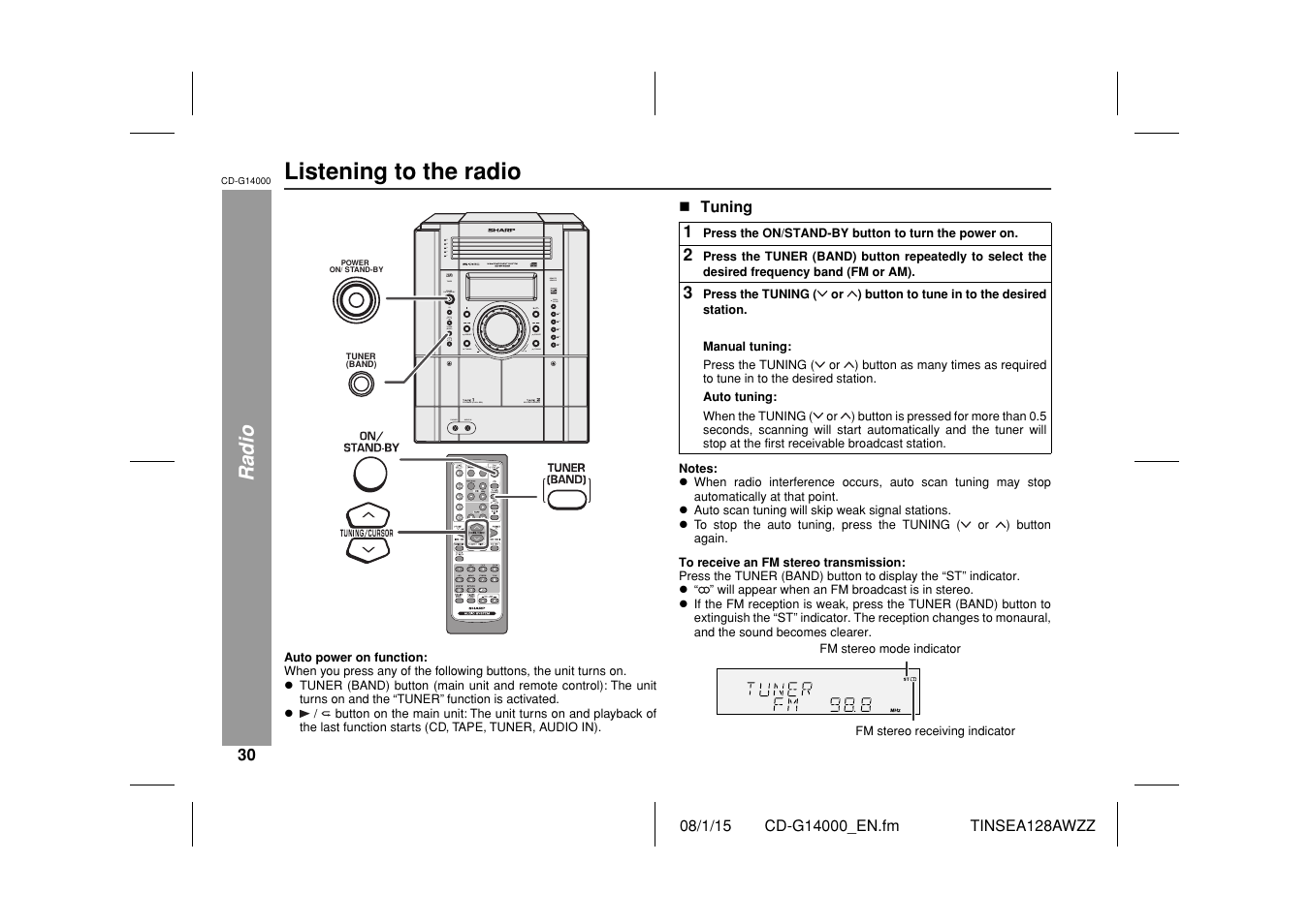 Listening to the radio | Sharp CD G14000 User Manual | Page 30 / 48