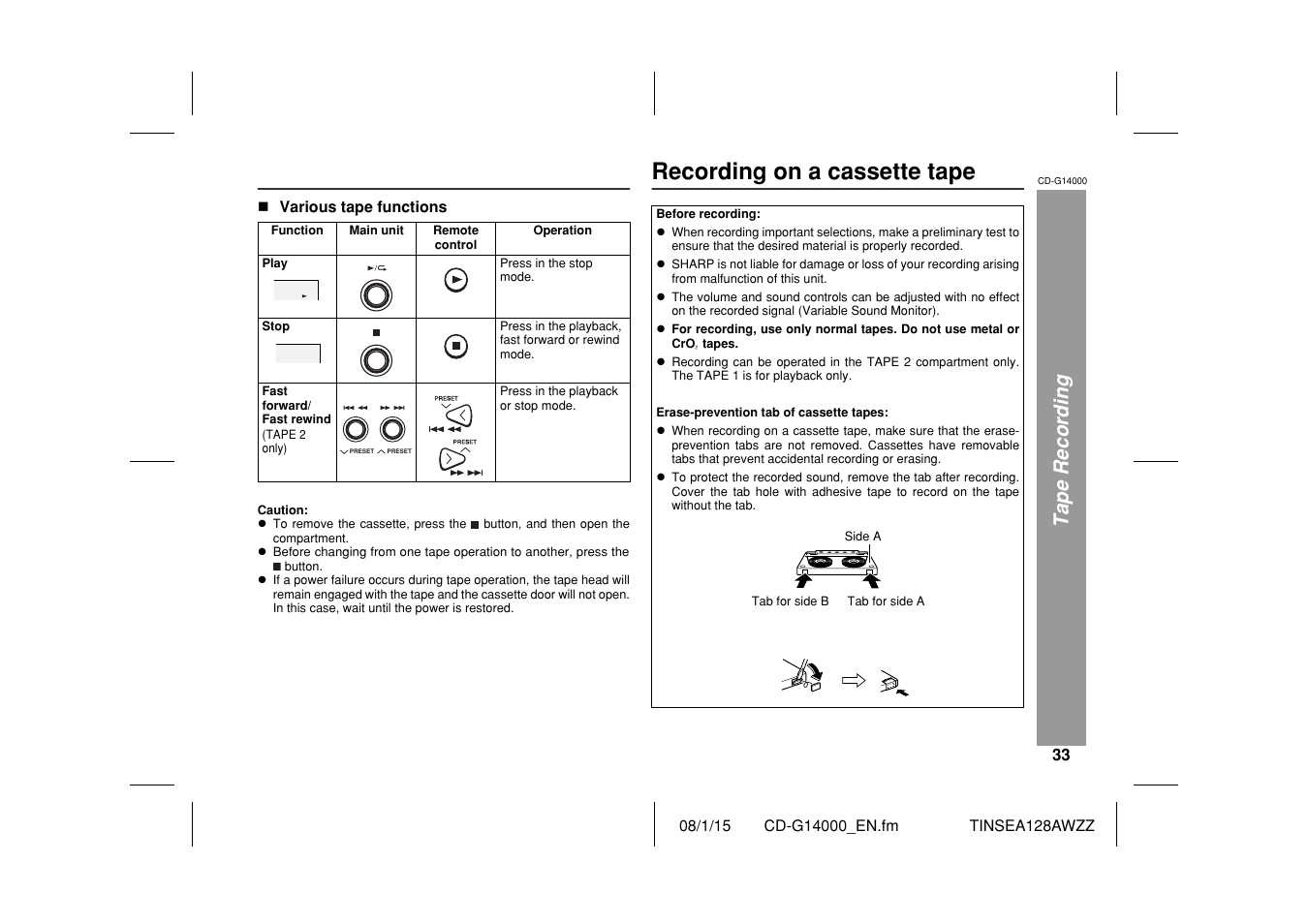 Recording on a cassette tape, Tape recording | Sharp CD G14000 User Manual | Page 33 / 48