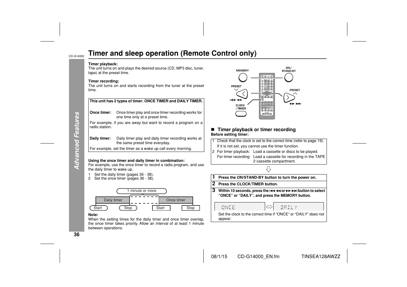 Timer and sleep operation (remote control only), Advanced features | Sharp CD G14000 User Manual | Page 36 / 48