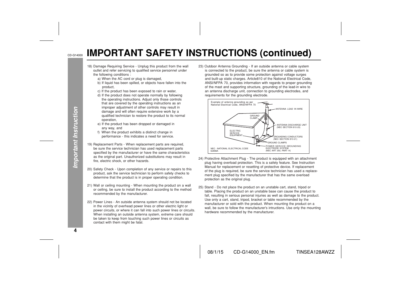 Important safety instructions (continued), Important instruction | Sharp CD G14000 User Manual | Page 4 / 48