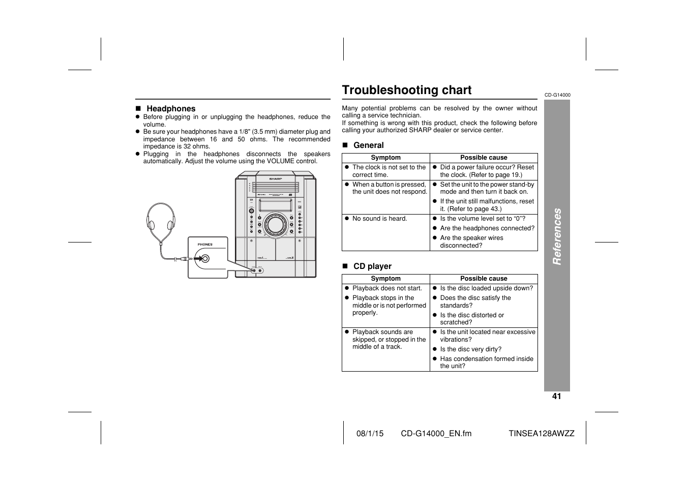 Troubleshooting chart | Sharp CD G14000 User Manual | Page 41 / 48