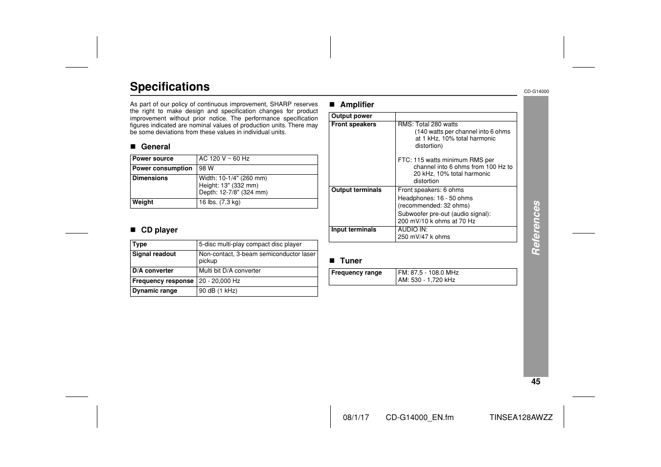 Specifications, References | Sharp CD G14000 User Manual | Page 45 / 48