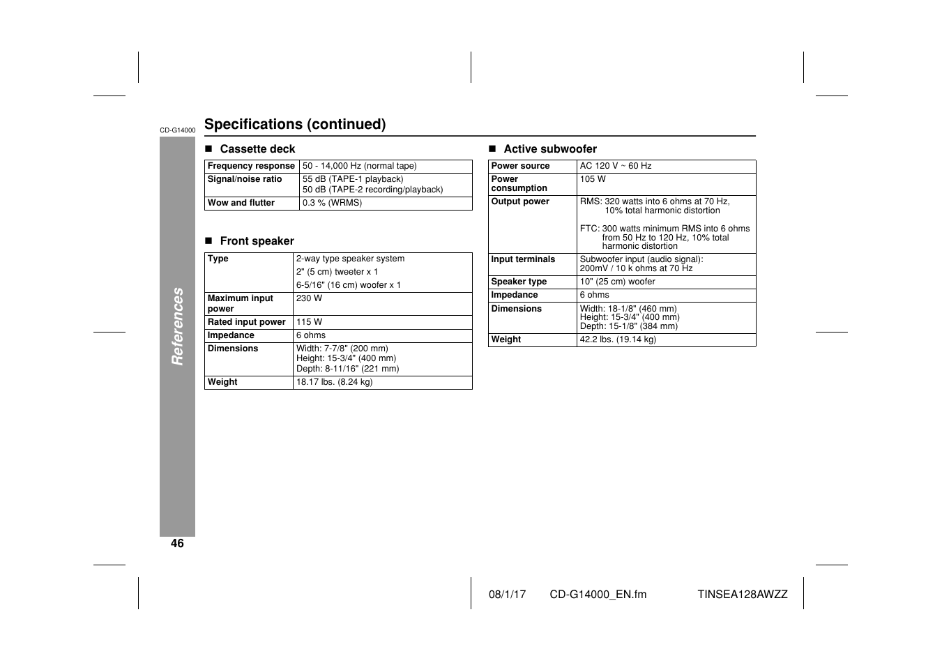 References, Specifications (continued) | Sharp CD G14000 User Manual | Page 46 / 48