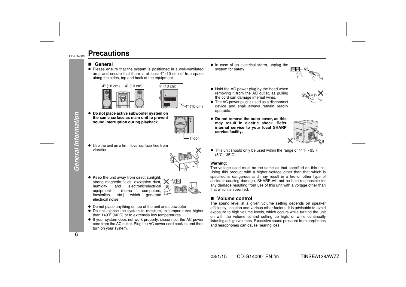 Precautions | Sharp CD G14000 User Manual | Page 6 / 48