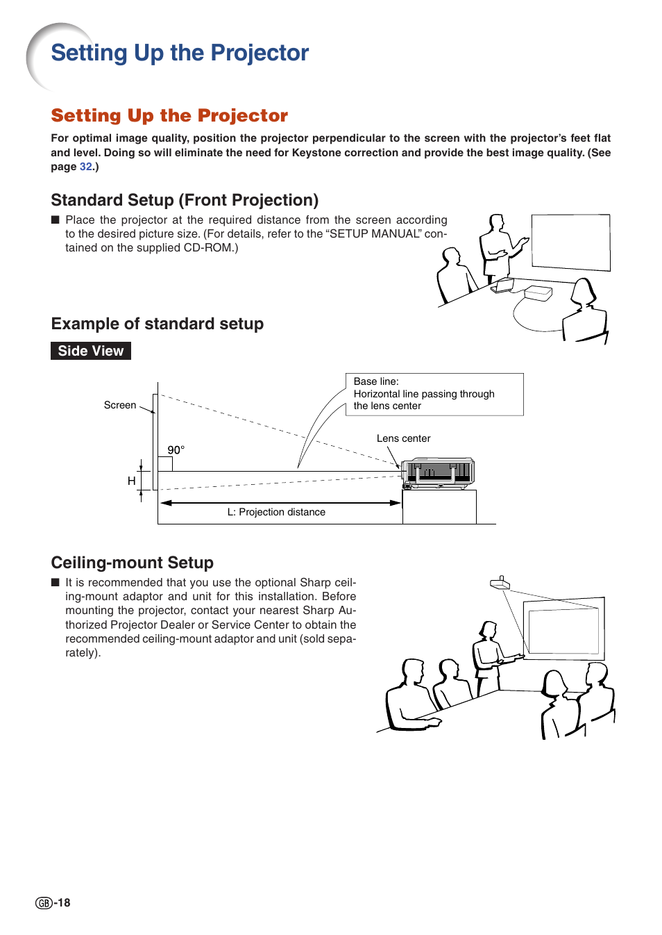 Setup, Setting up the projector, Standard setup (front projection) | Example of standard setup, Ceiling-mount setup | Sharp Notevision XG-C465X User Manual | Page 20 / 71