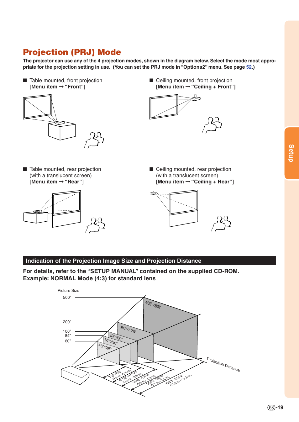 Projection (prj) mode, Setup | Sharp Notevision XG-C465X User Manual | Page 21 / 71