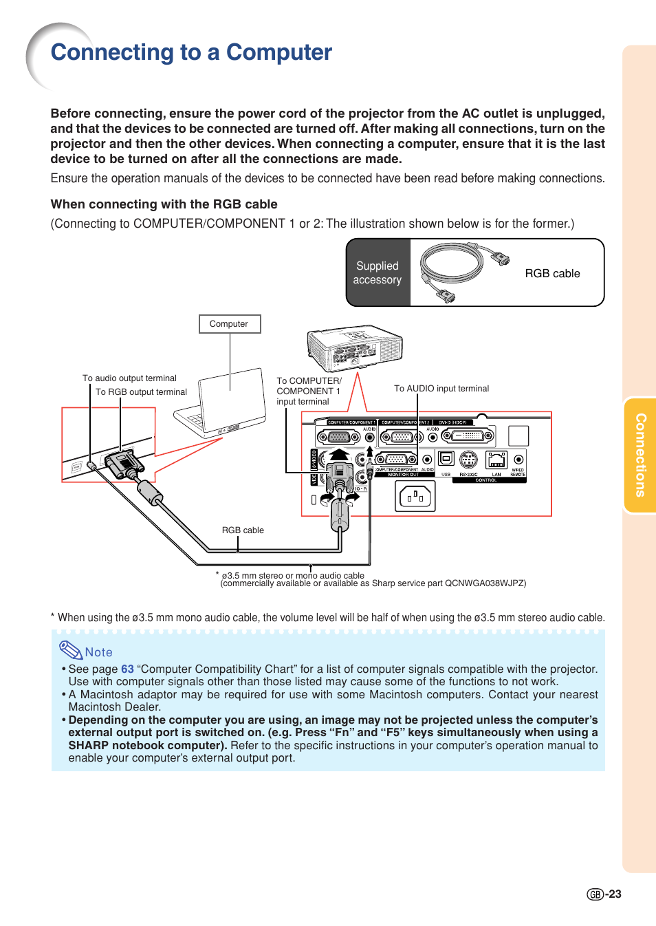 Connecting to a computer, Es 23, Connections | Sharp Notevision XG-C465X User Manual | Page 25 / 71