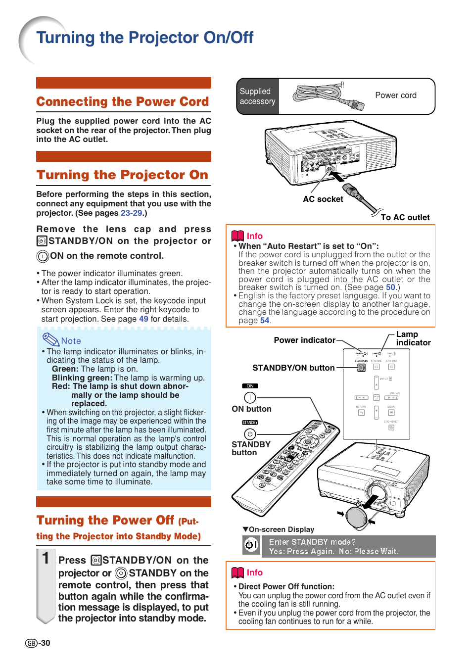 Basic operation, Turning the projector on/off, Connecting the power cord | Turning the projector on, Standby mode), Ac socket, Turning the power off | Sharp Notevision XG-C465X User Manual | Page 32 / 71