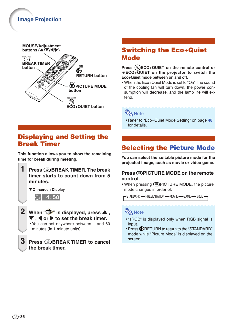 Displaying and setting the break timer, Switching the eco/quiet mode, Selecting the picture mode | Switching the eco+quiet mode | Sharp Notevision XG-C465X User Manual | Page 38 / 71
