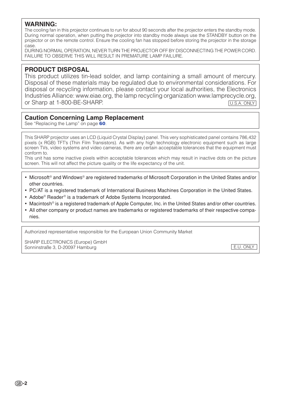Warning, Product disposal, Caution concerning lamp replacement | Sharp Notevision XG-C465X User Manual | Page 4 / 71