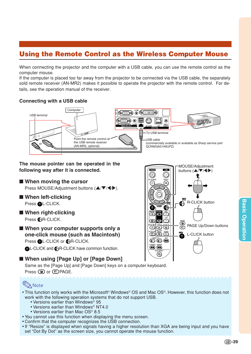 Using the remote control as the wireless, Computer mouse, Basic operation | When moving the cursor, When left-clicking, When right-clicking, When using [page up] or [page down | Sharp Notevision XG-C465X User Manual | Page 41 / 71