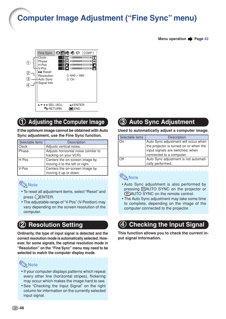 Computer image adjustment (“fine sync” menu), Adjusting the computer image, Resolution setting | Auto sync adjustment, Checking the input signal, Computer image adjustment, Fine sync” menu), 11 adjusting the computer image, 22 resolution setting, 33 auto sync adjustment | Sharp Notevision XG-C465X User Manual | Page 48 / 71