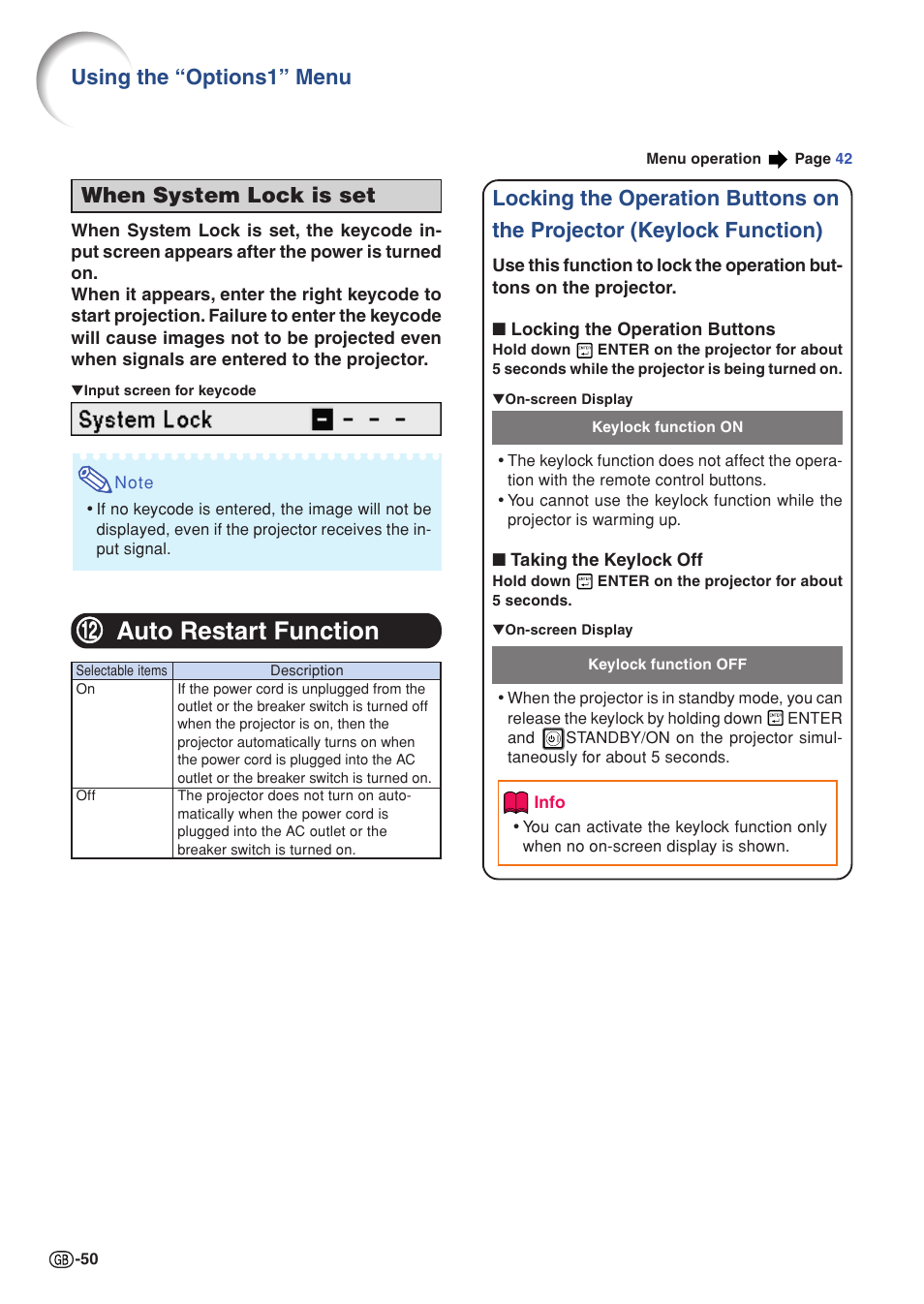 Keylock function, Direct power on function, Keylock function auto restart function | Auto restart function, When system lock is set, Using the “options1” menu | Sharp Notevision XG-C465X User Manual | Page 52 / 71