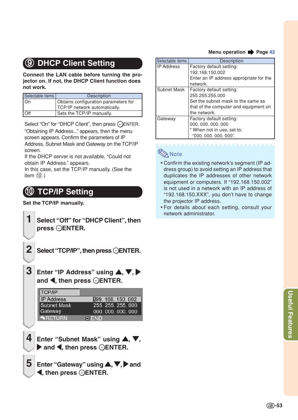 Dhcp client setting, Tcp/ip setting, Dhcp client setting tcp/ip setting | 99 dhcp client setting, 00 tcp/ip setting | Sharp Notevision XG-C465X User Manual | Page 55 / 71