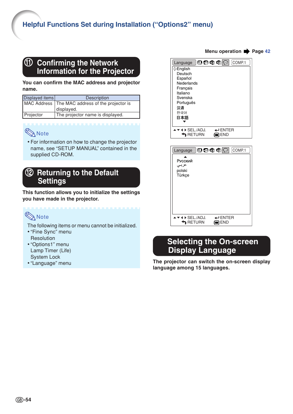 Returning to the default settings, Selecting the on-screen display language, Confirming the network information for the | Projector | Sharp Notevision XG-C465X User Manual | Page 56 / 71