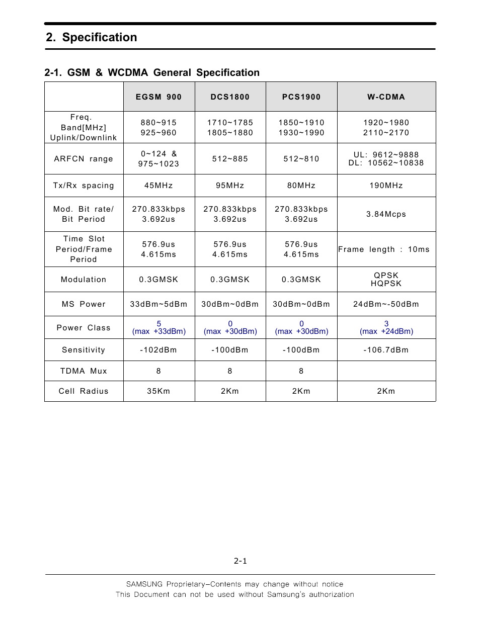 Specification, 1. gsm & wcdma general specification | Sharp SGH-J200 User Manual | Page 5 / 87