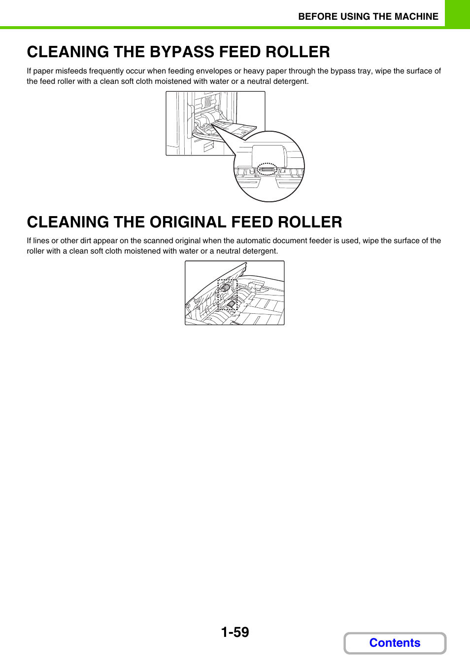 Clean the original feed roller, Clean the bypass feed roller, Cleaning the bypass feed roller -59 | Cleaning the original feed, Roller -59, Cleaning the bypass feed roller, Cleaning the original feed roller | Sharp MX-3100N User Manual | Page 100 / 799