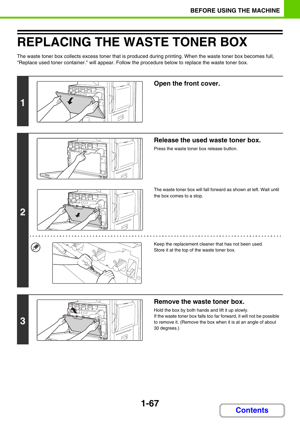 Replace the, Waste toner box, Replacing the waste toner box -67 | Replacing the waste toner box, Ge 1-67 | Sharp MX-3100N User Manual | Page 108 / 799