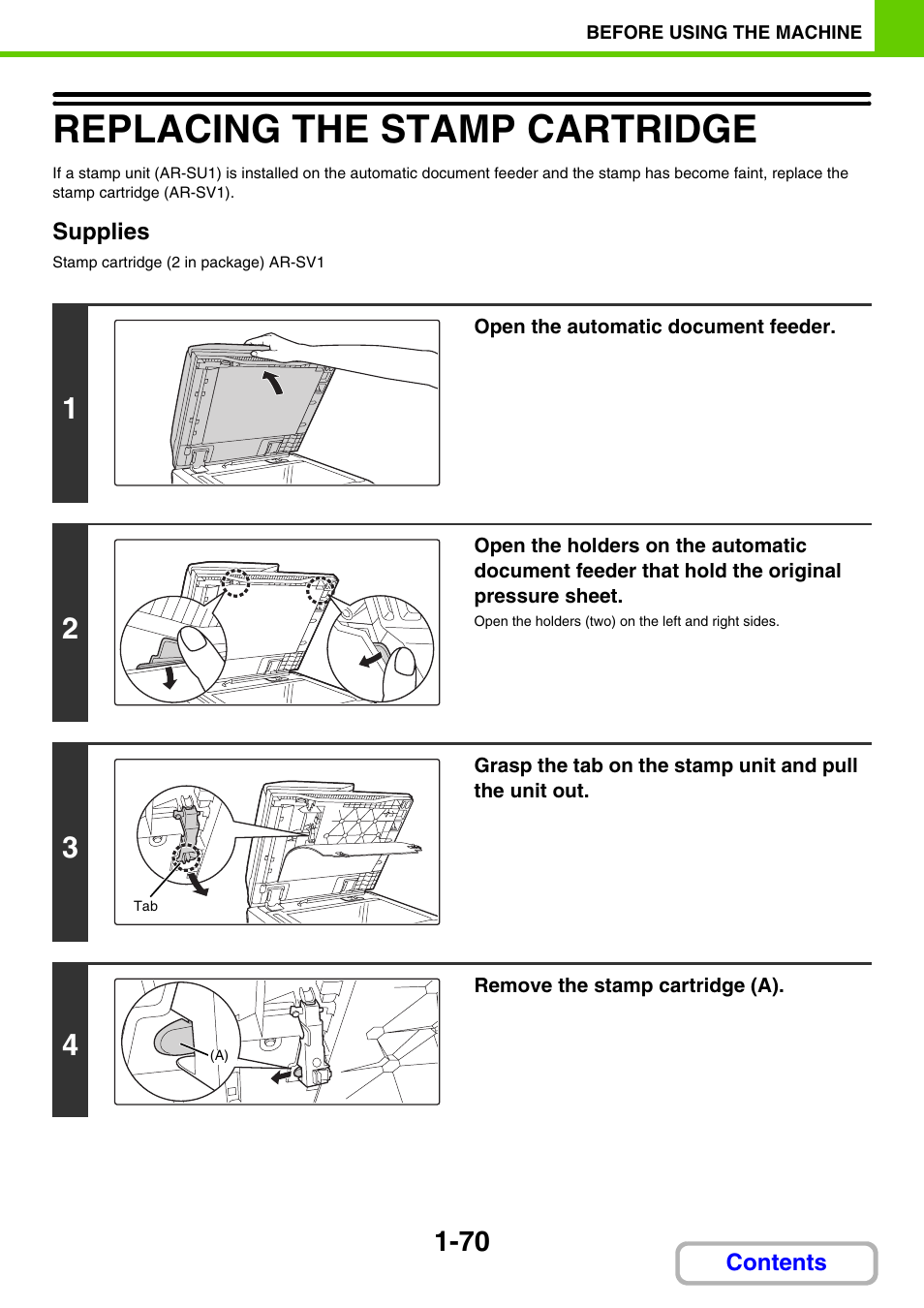 Replace the, Stamp cartridge, Replacing the stamp cartridge -70 | Replacing the stamp cartridge | Sharp MX-3100N User Manual | Page 111 / 799