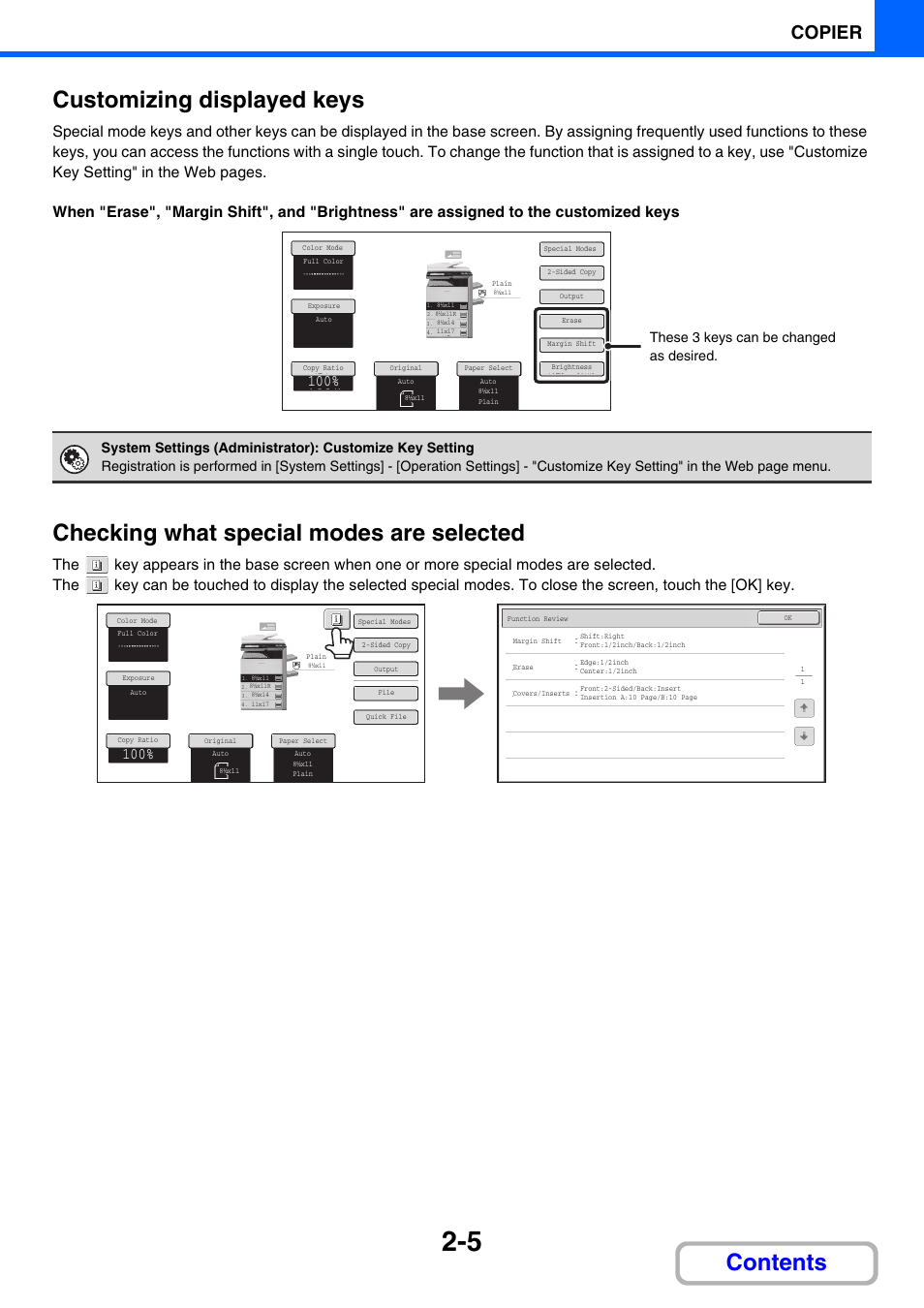 Customizing displayed keys, E 2-5), Contents customizing displayed keys | Checking what special modes are selected, Copier, These 3 keys can be changed as desired | Sharp MX-3100N User Manual | Page 119 / 799