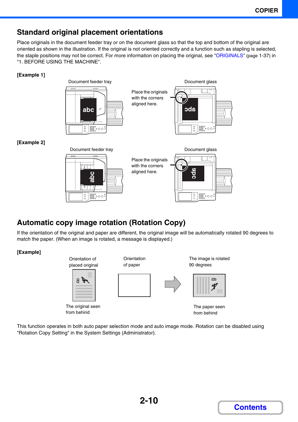 Contents standard original placement orientations, Automatic copy image rotation (rotation copy) | Sharp MX-3100N User Manual | Page 124 / 799