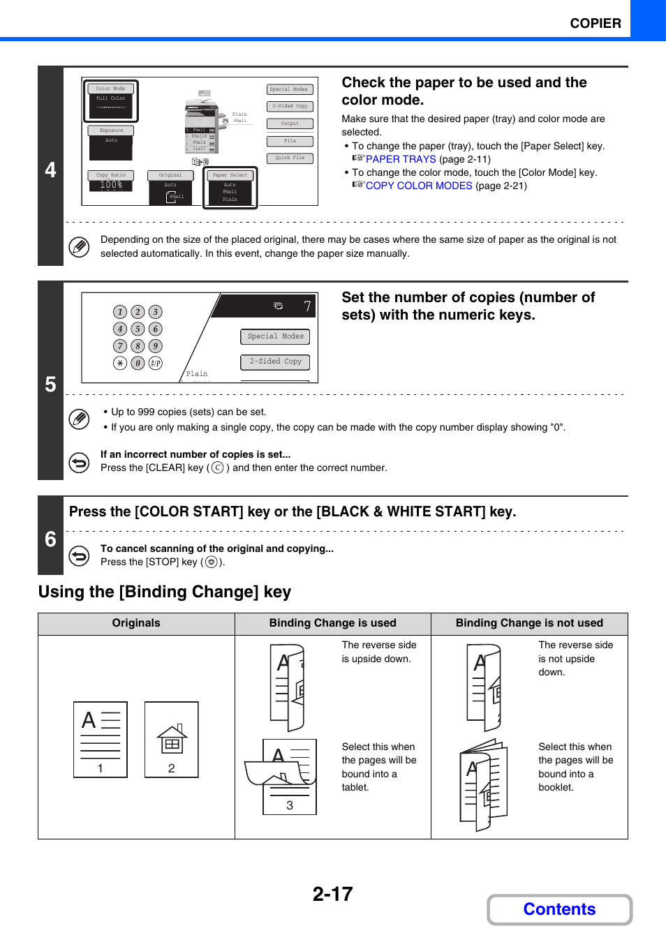 Using the [binding change] key, E 2-17), Contents using the [binding change] key | Check the paper to be used and the color mode, Copier | Sharp MX-3100N User Manual | Page 131 / 799