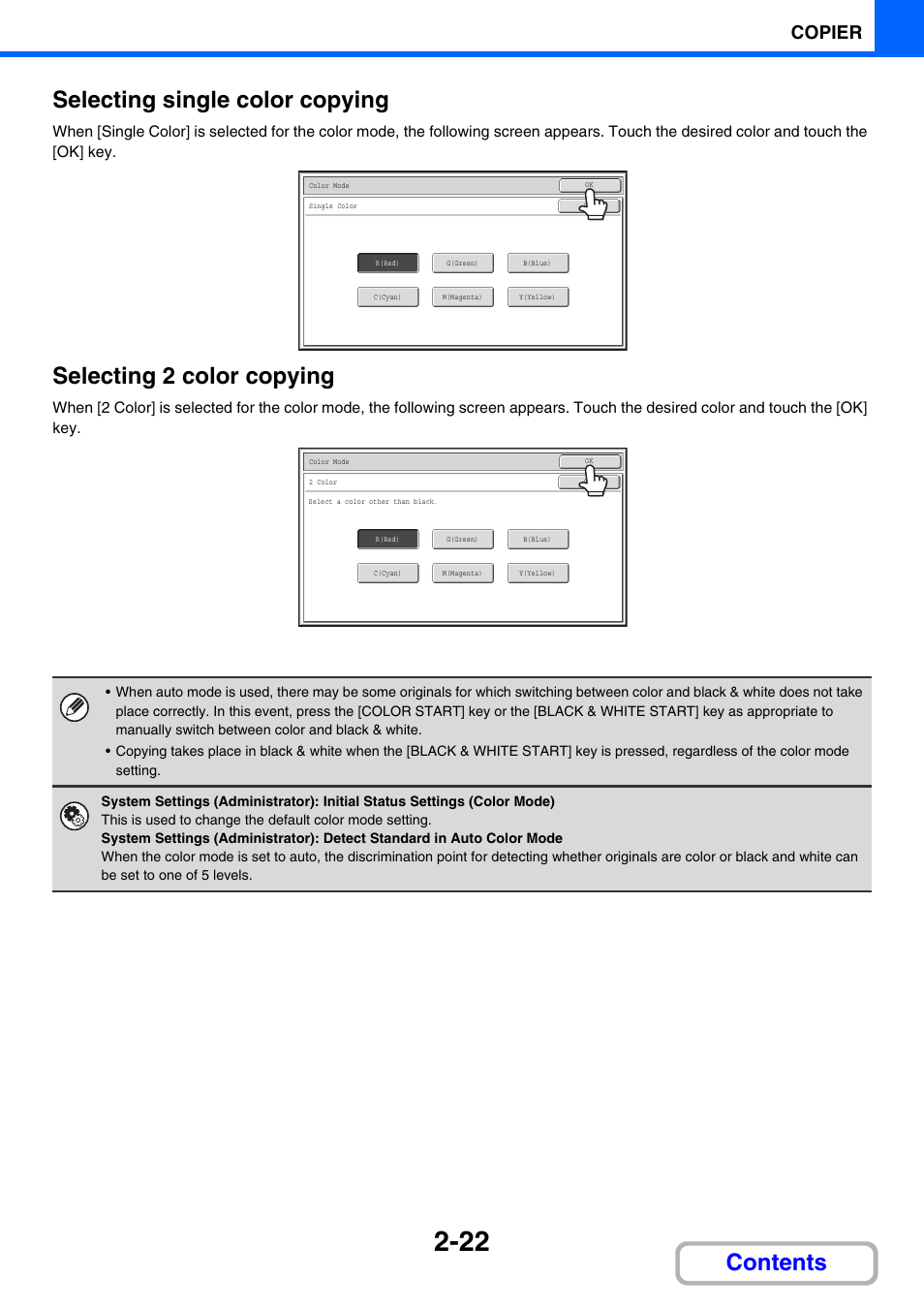 Contents selecting single color copying, Selecting 2 color copying, Copier | Sharp MX-3100N User Manual | Page 136 / 799