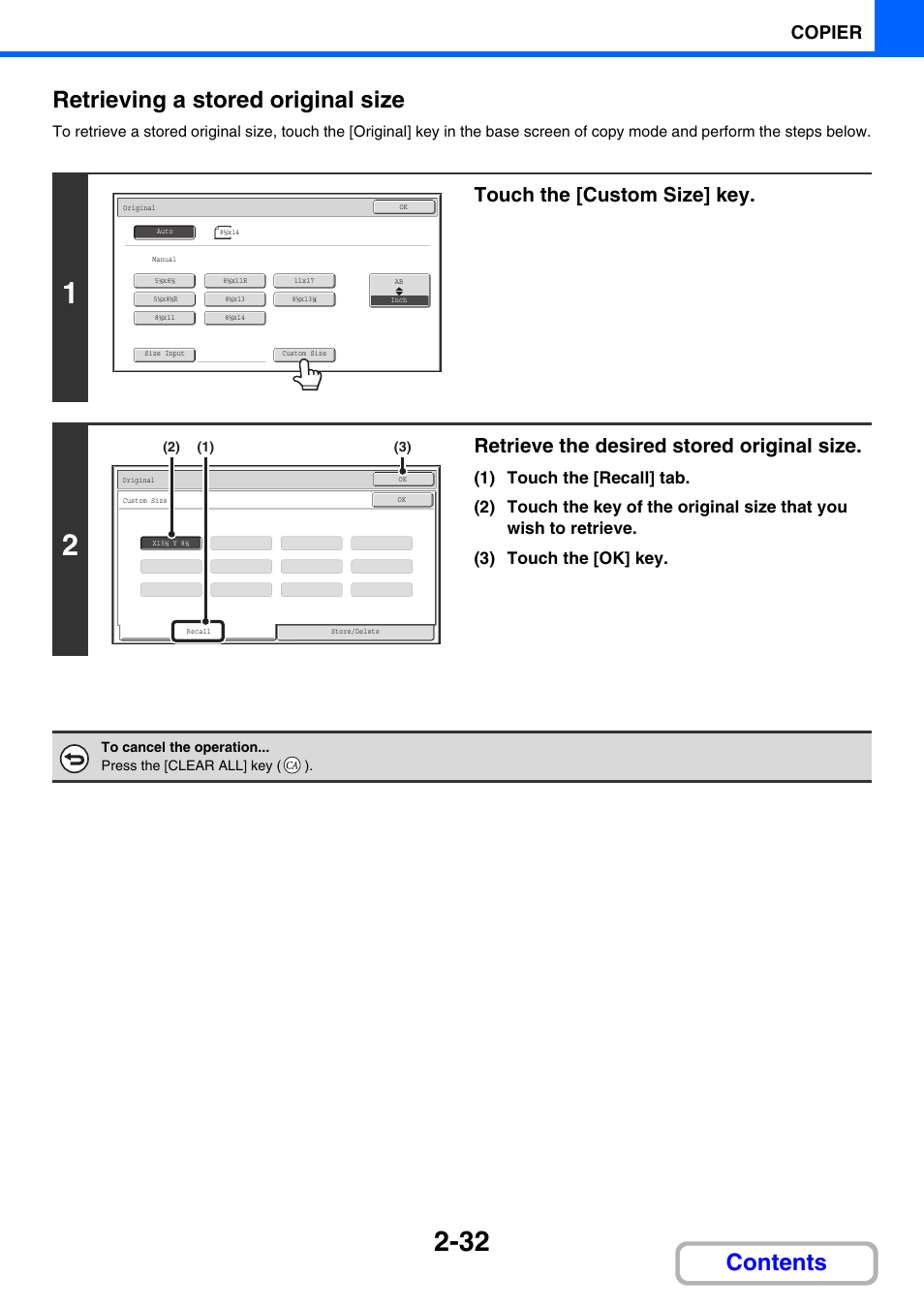 Contents retrieving a stored original size, Touch the [custom size] key, Retrieve the desired stored original size | Copier | Sharp MX-3100N User Manual | Page 146 / 799