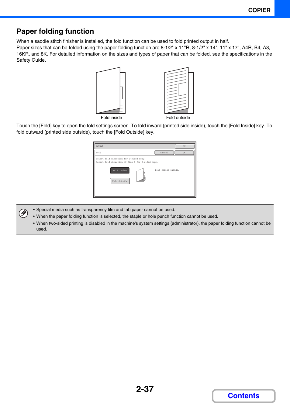 Paper folding function, Contents paper folding function, Copier | Sharp MX-3100N User Manual | Page 151 / 799