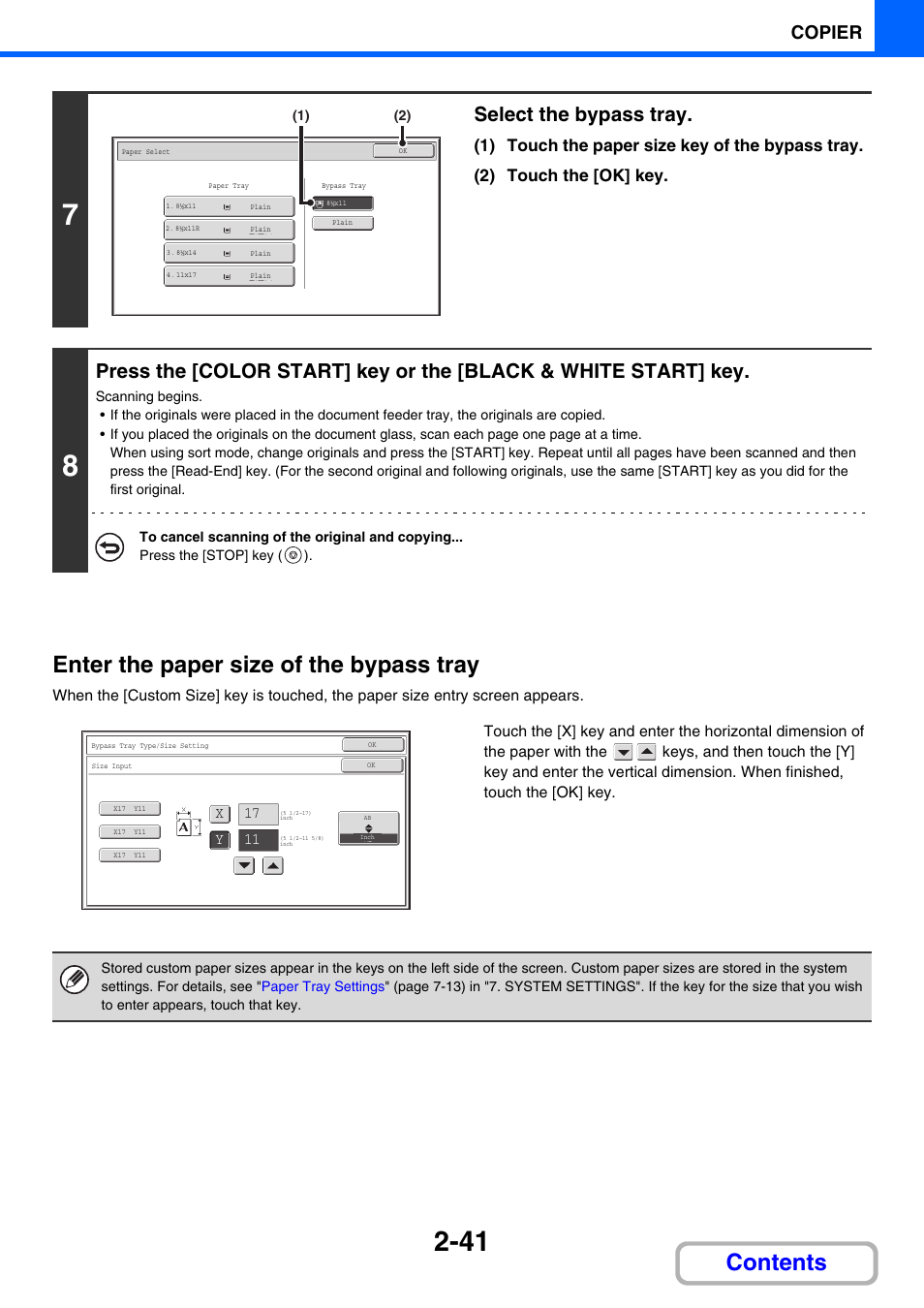 Enter the paper size of the bypass tray, Contents enter the paper size of the bypass tray, Select the bypass tray | Copier | Sharp MX-3100N User Manual | Page 155 / 799