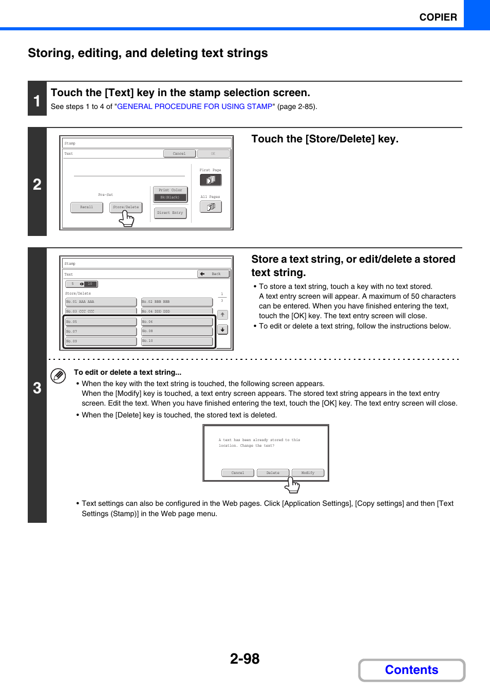 Storing, editing, and deleting text strings, Touch the [text] key in the stamp selection screen, Touch the [store/delete] key | Copier | Sharp MX-3100N User Manual | Page 212 / 799