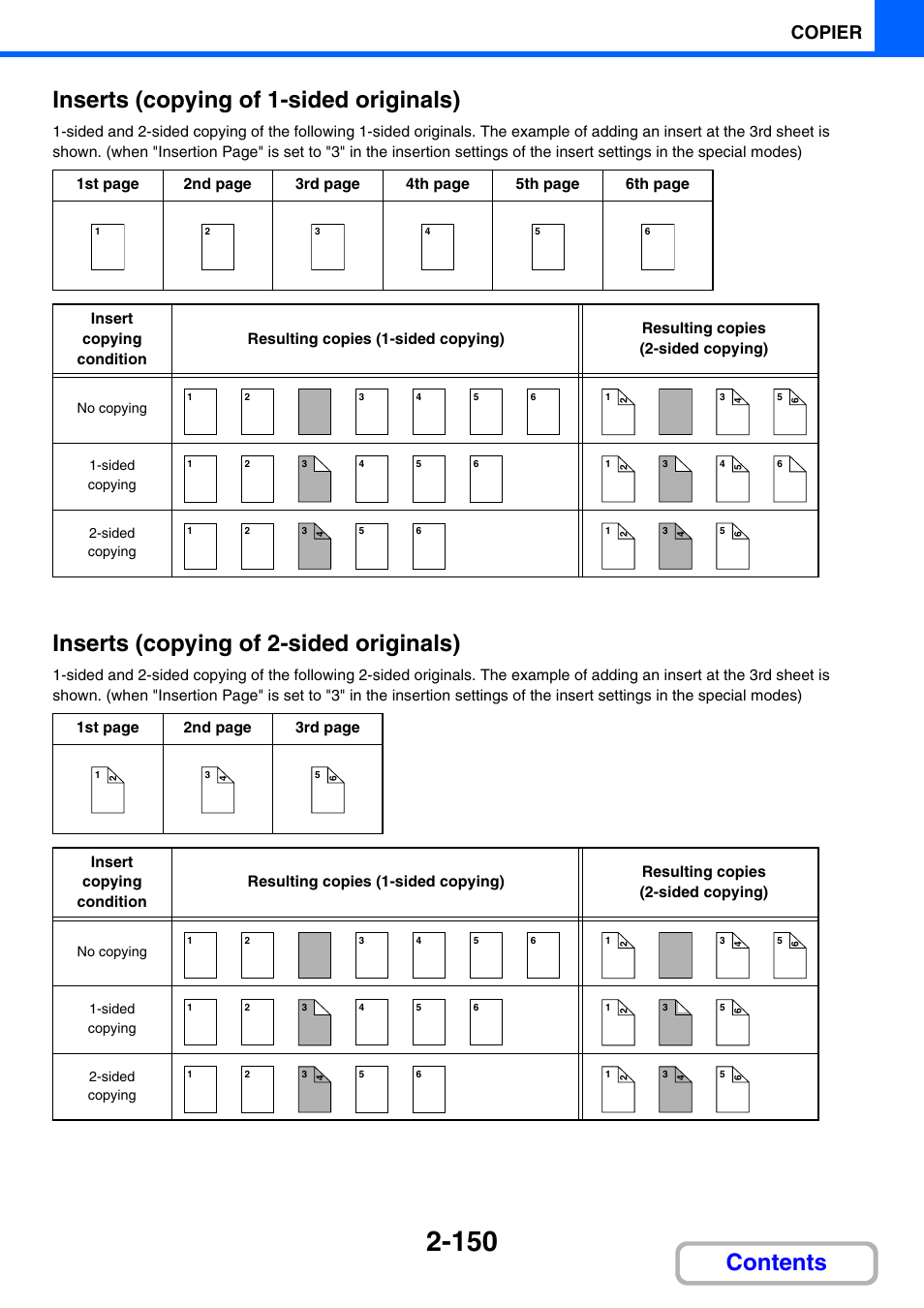 Inserts (copying of 1-sided, Originals), E 2-150) and | Inserts (copying of 2-sided, E 2-150, Contents inserts (copying of 1-sided originals), Inserts (copying of 2-sided originals), Copier | Sharp MX-3100N User Manual | Page 264 / 799