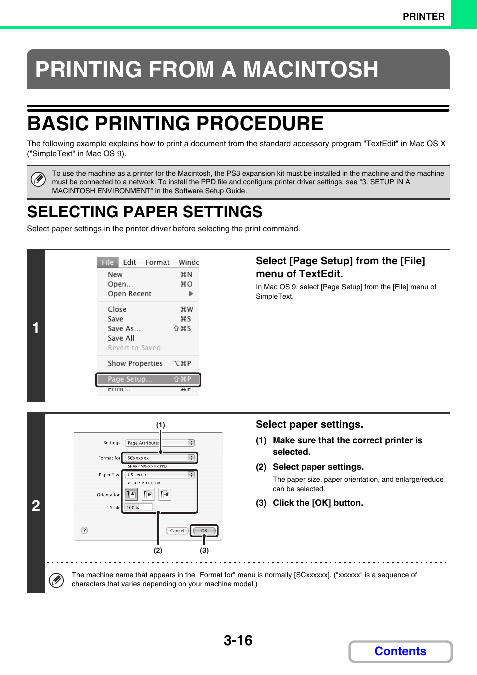 Printing from a macintosh, Basic printing procedure -16, Selecting paper settings -16 | Basic printing procedure, Selecting paper settings | Sharp MX-3100N User Manual | Page 280 / 799