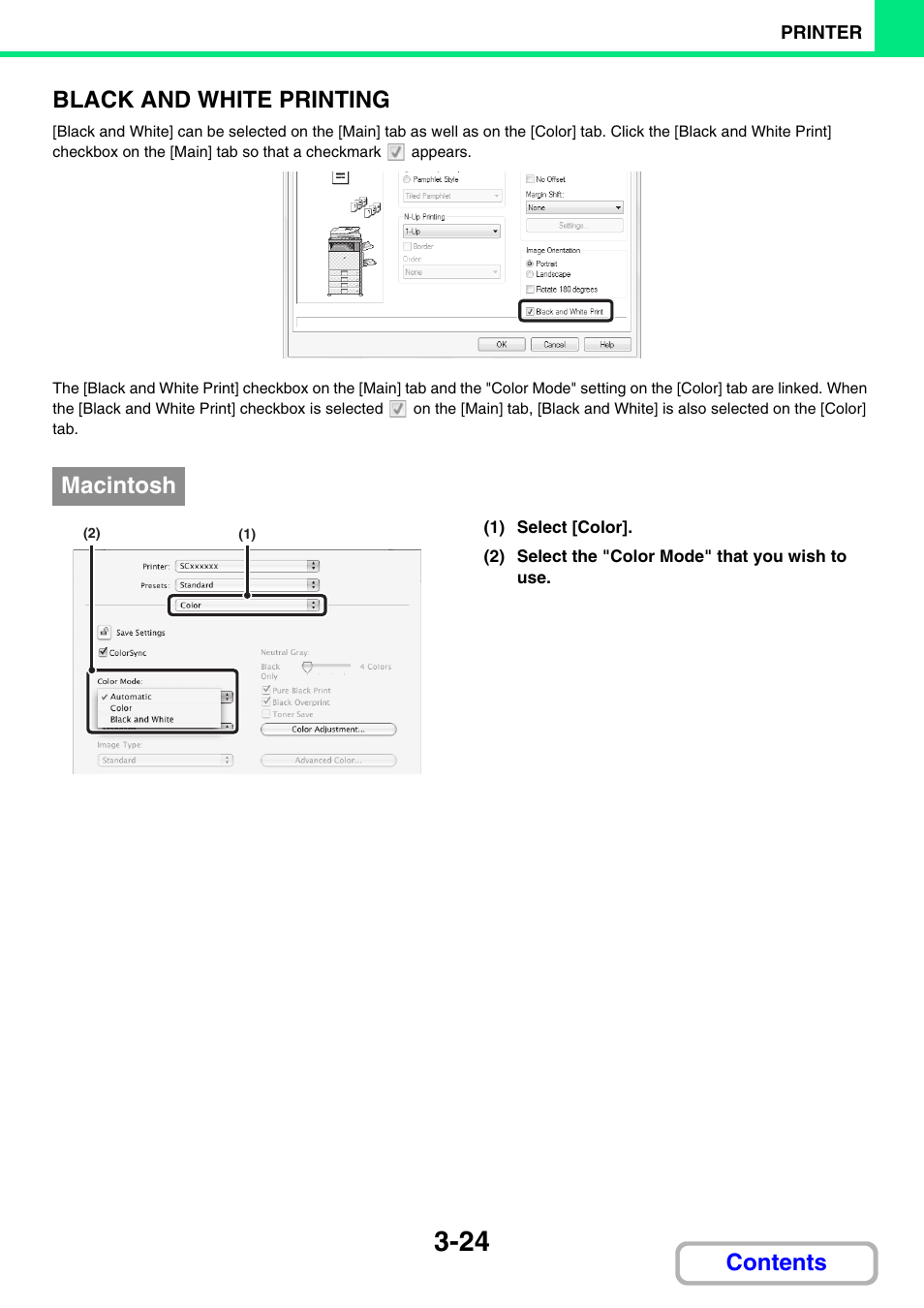 Contents black and white printing, Macintosh | Sharp MX-3100N User Manual | Page 288 / 799