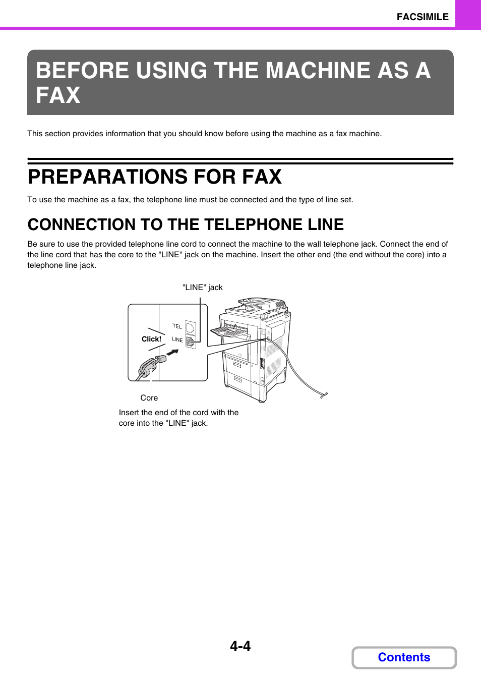 Before using the machine as a fax, Preparations for fax -4, Connection to the telephone | Line -4, Preparations for fax, Connection to the telephone line | Sharp MX-3100N User Manual | Page 345 / 799