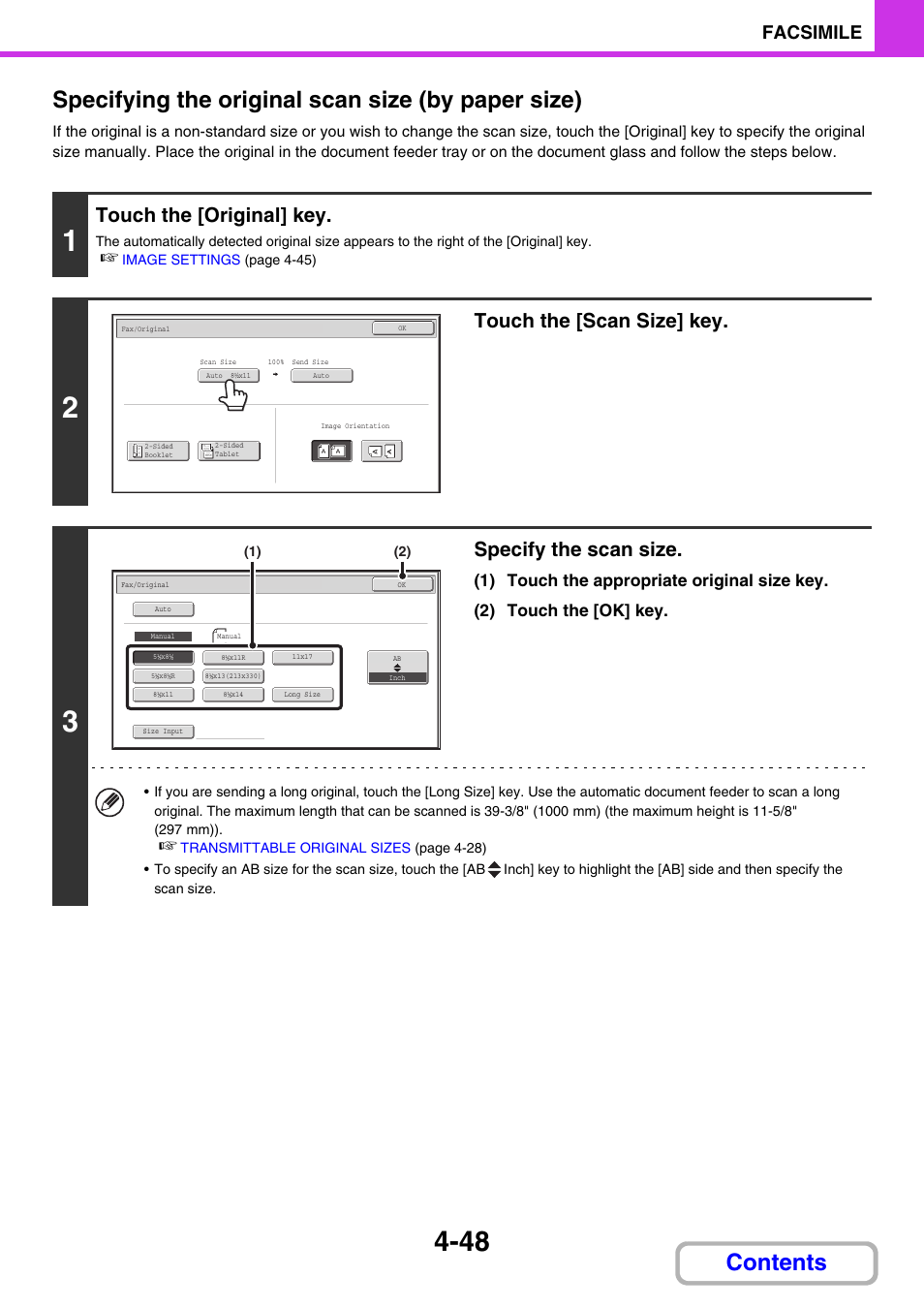 Specifying the original scan size (by paper size), E 4-48, Touch the [original] key | Touch the [scan size] key, Specify the scan size, Facsimile | Sharp MX-3100N User Manual | Page 389 / 799