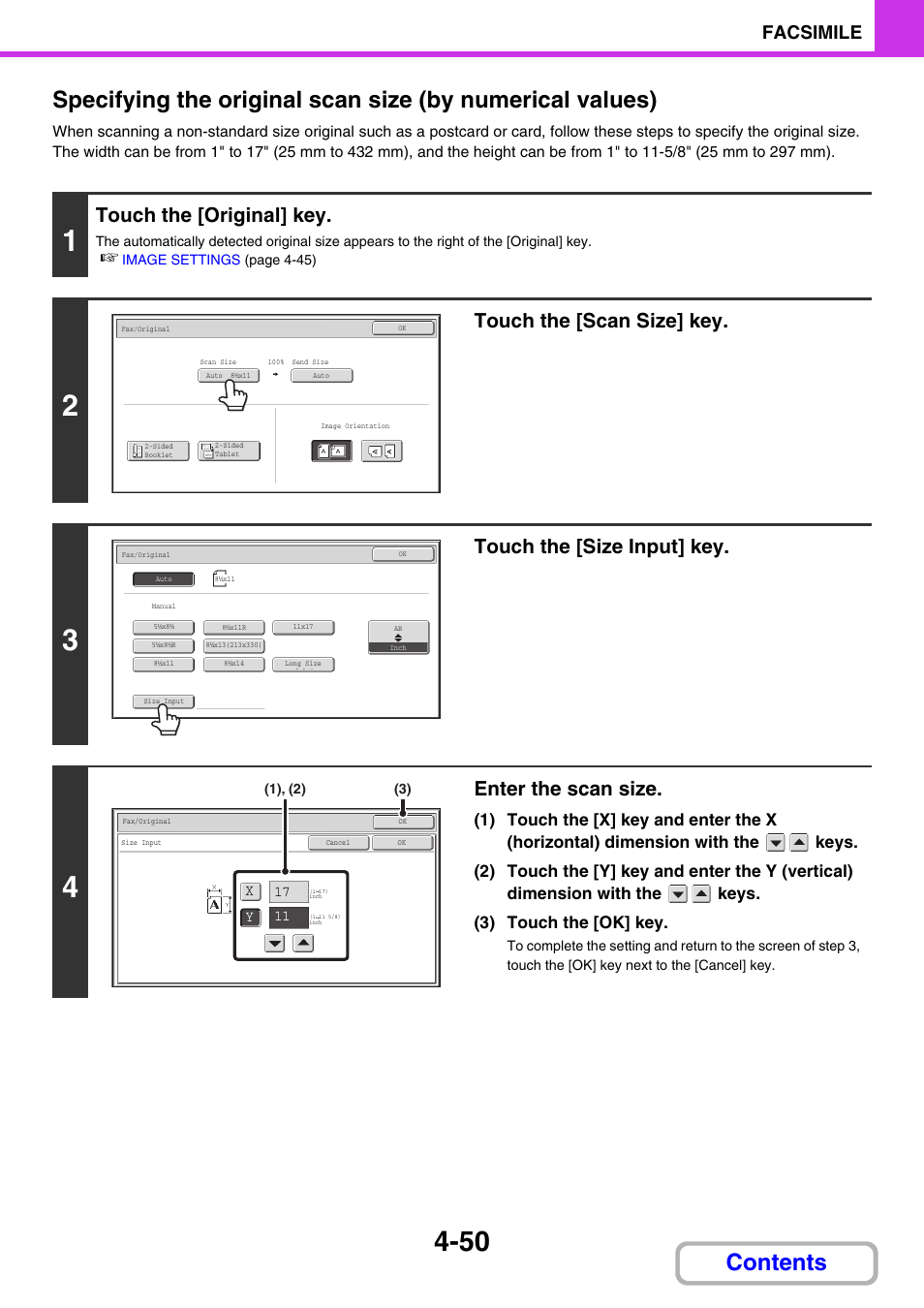 Ge 4-50, Touch the [original] key, Touch the [scan size] key | Touch the [size input] key, Enter the scan size, Facsimile | Sharp MX-3100N User Manual | Page 391 / 799