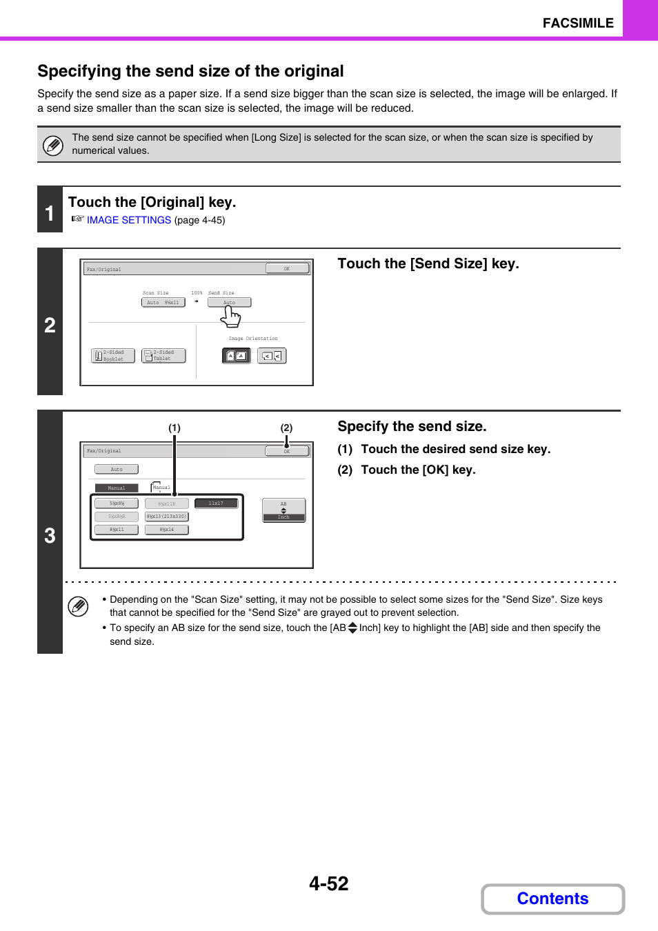 Contents specifying the send size of the original, Touch the [original] key, Touch the [send size] key | Specify the send size, Facsimile | Sharp MX-3100N User Manual | Page 393 / 799