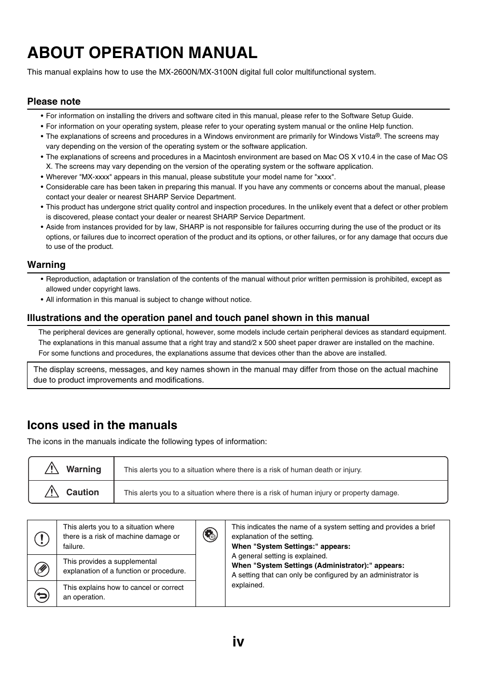 About operation manual, Icons used in the manuals, Warning | Sharp MX-3100N User Manual | Page 41 / 799