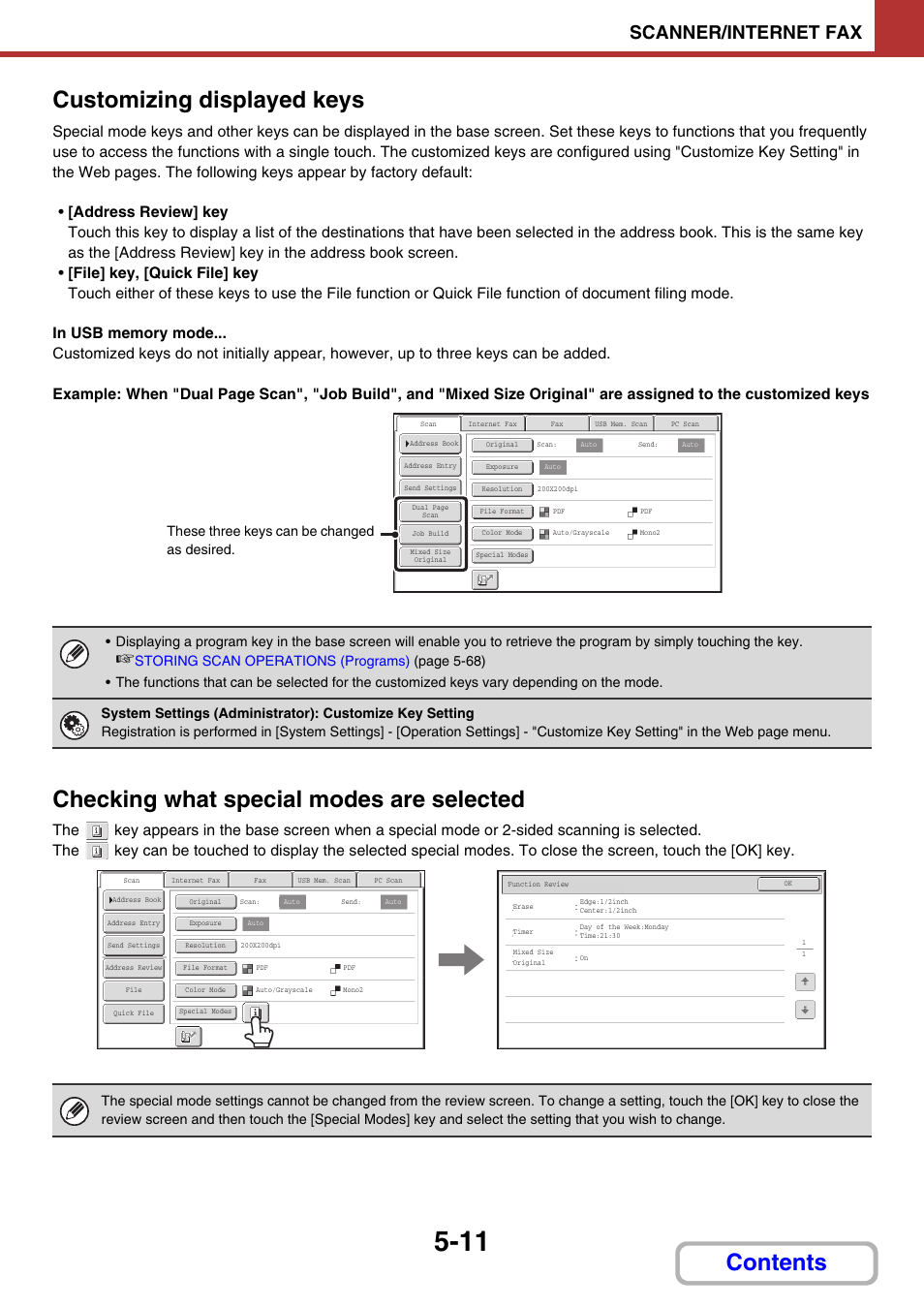 Customizing displayed keys, Checking what special modes are selected, Contents customizing displayed keys | Scanner/internet fax, These three keys can be changed as desired | Sharp MX-3100N User Manual | Page 484 / 799