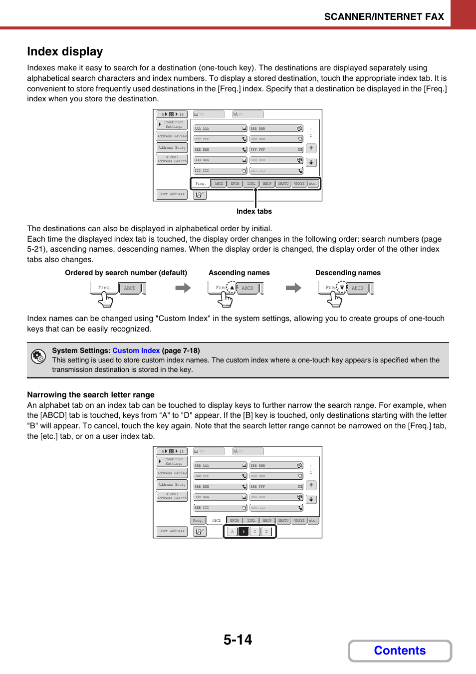 Index display, Contents index display, Scanner/internet fax | Index tabs | Sharp MX-3100N User Manual | Page 487 / 799