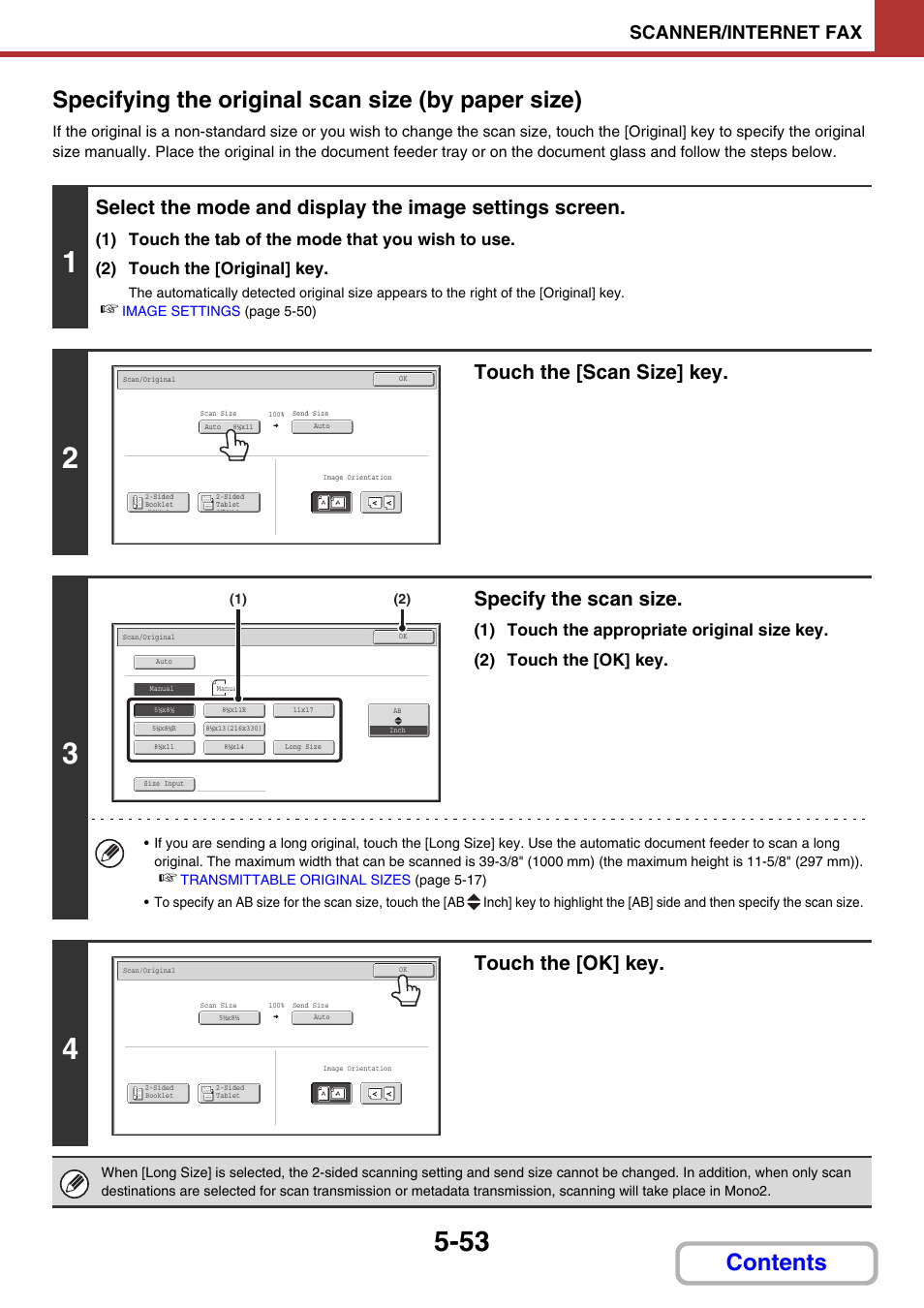 Specifying the original scan size (by paper size), E 5-53, Touch the [scan size] key | Specify the scan size, Touch the [ok] key, Scanner/internet fax | Sharp MX-3100N User Manual | Page 526 / 799