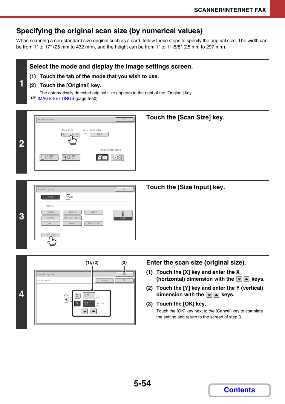Ge 5-54, Touch the [scan size] key, Touch the [size input] key | Enter the scan size (original size), Scanner/internet fax | Sharp MX-3100N User Manual | Page 527 / 799