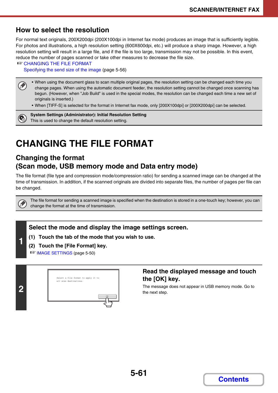 Compress a file before sending, Changing the file format -61, Changing the file | Format, E 5-61), Changing the, File format, Changing the file format, Contents how to select the resolution | Sharp MX-3100N User Manual | Page 534 / 799