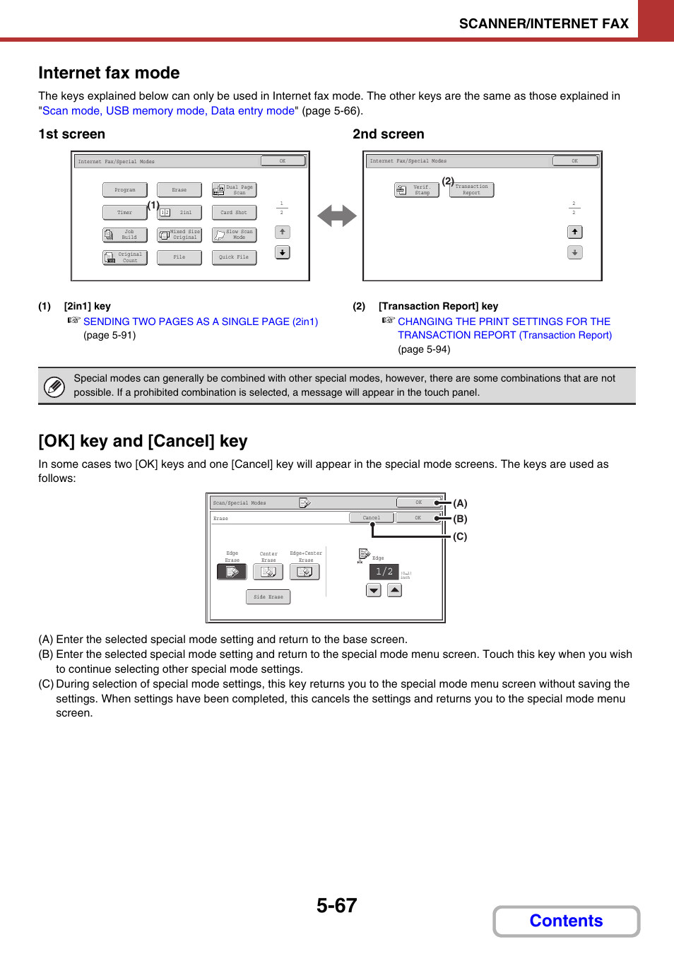 Internet fax mode, Contents internet fax mode, Ok] key and [cancel] key | Scanner/internet fax, 1st screen 2nd screen | Sharp MX-3100N User Manual | Page 540 / 799