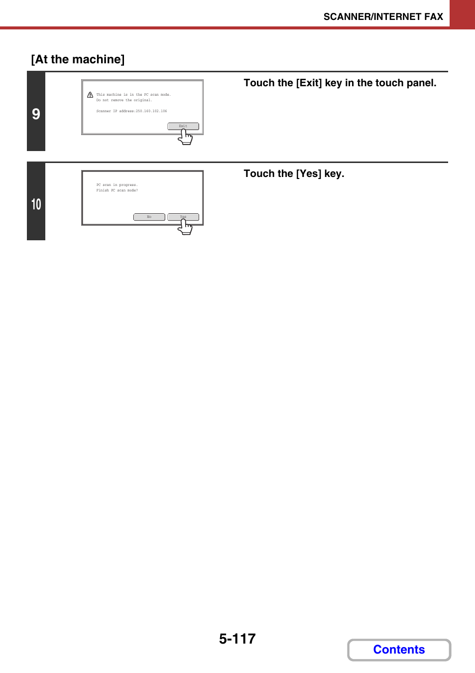 Contents [at the machine, Touch the [exit] key in the touch panel, Touch the [yes] key | Sharp MX-3100N User Manual | Page 590 / 799