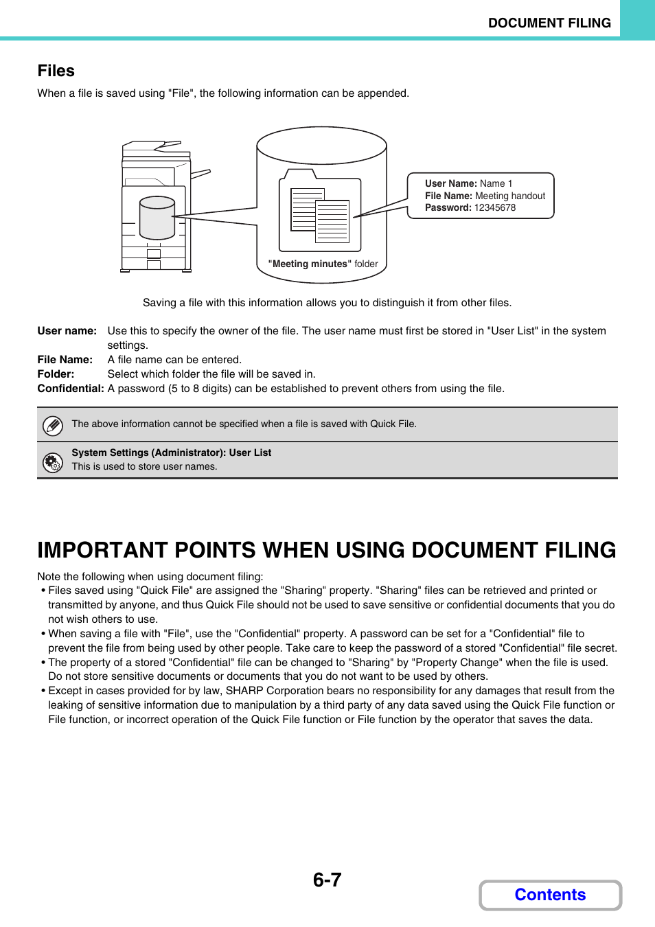 Important points when using, Document filing -7, Important points when using document filing | Contents files | Sharp MX-3100N User Manual | Page 602 / 799